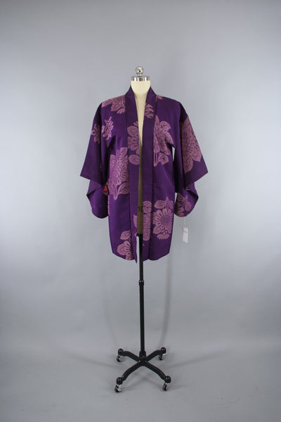 1940s Vintage Haori Kimono Jacket Cardigan in Purple Omeshi Floral - ThisBlueBird