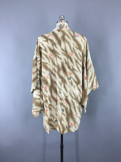 1940s Vintage Haori Silk Kimono Jacket with Ivory Leaves and Ferns Print - ThisBlueBird