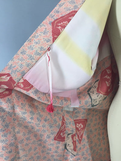 1940s Vintage Rayon Haori Kimono Cardigan with Salmon Pink Ikat Floral Print - ThisBlueBird