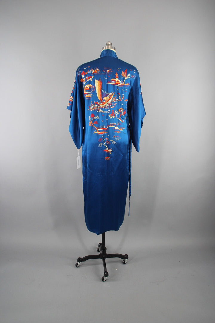 1940s Vintage Royal Blue Silk Kimono Robe with Asian Pagodas and Boats Embroidery - ThisBlueBird