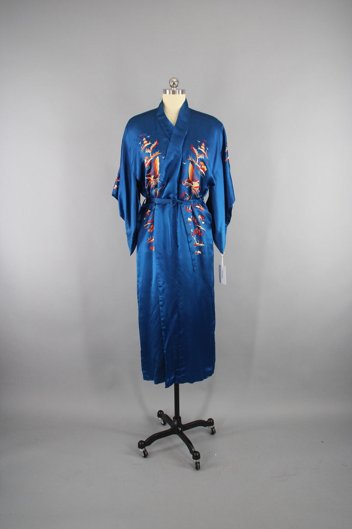 1940s Vintage Royal Blue Silk Kimono Robe with Asian Pagodas and Boats Embroidery - ThisBlueBird