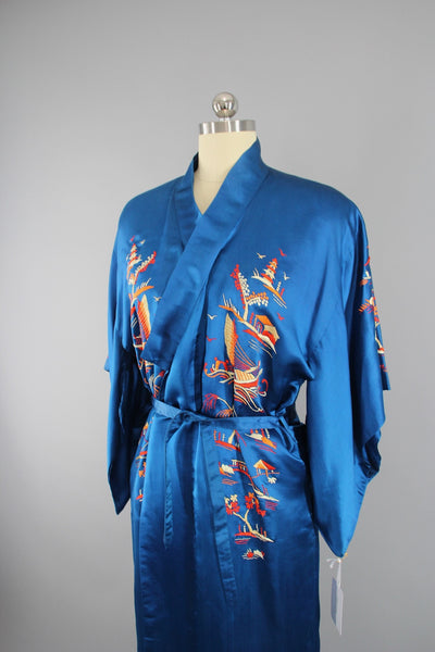 1940s Vintage Royal Blue Silk Kimono Robe with Asian Pagodas and Boats Embroidery - ThisBlueBird