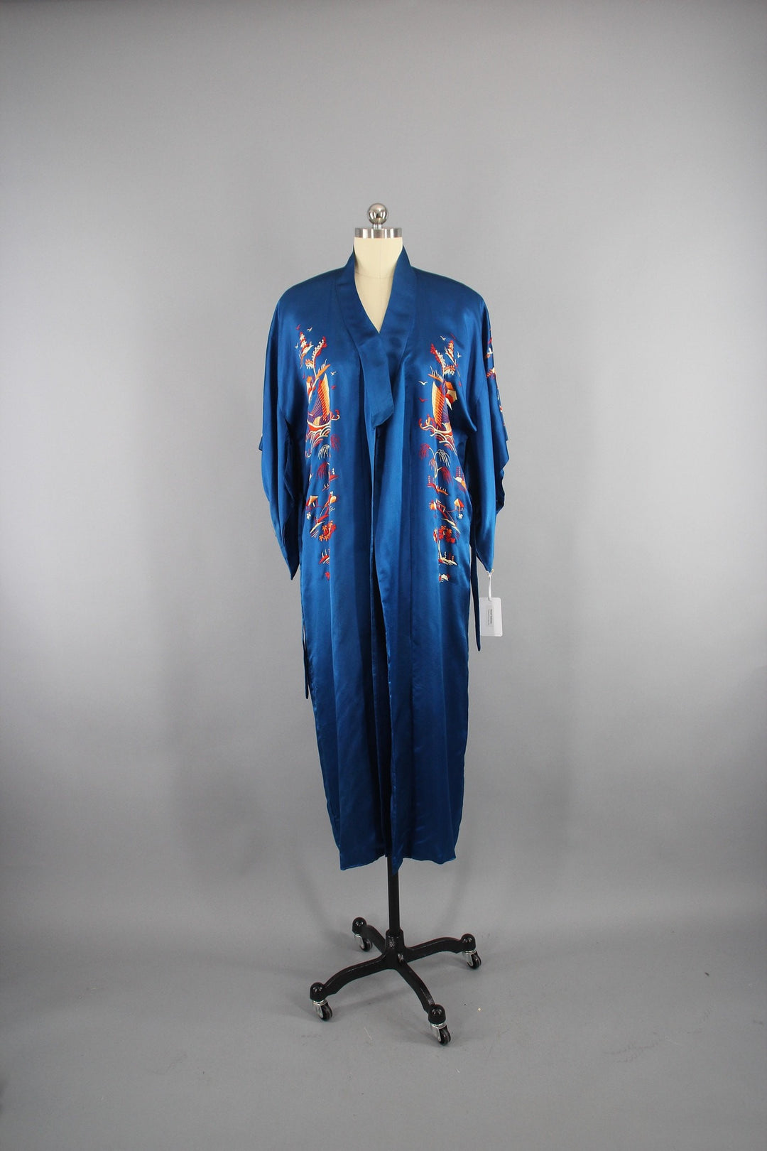 1940s Vintage Royal Blue Silk Kimono Robe with Asian Pagodas and Boats Embroidery - ThisBlueBird
