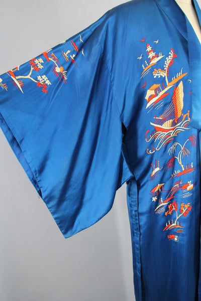 1940s Vintage Royal Blue Silk Kimono Robe with Asian Pagodas and Boats Embroidery - ThisBlueBird