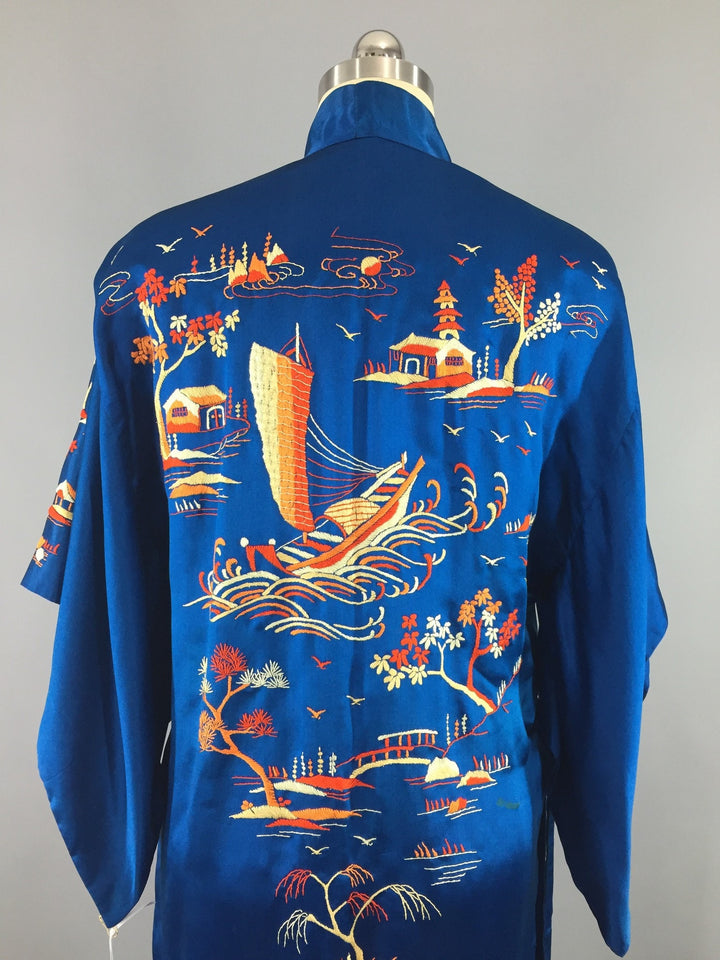 1940s Vintage Royal Blue Silk Kimono Robe with Asian Pagodas and Boats Embroidery - ThisBlueBird