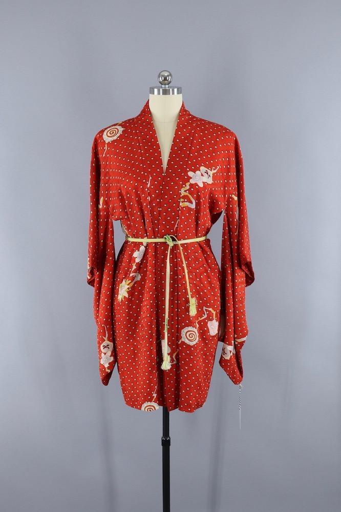 1940s Vintage Silk Haori Kimono Cardigan Jacket / Orange Red &amp; Tiny Dotted Floral Print - ThisBlueBird