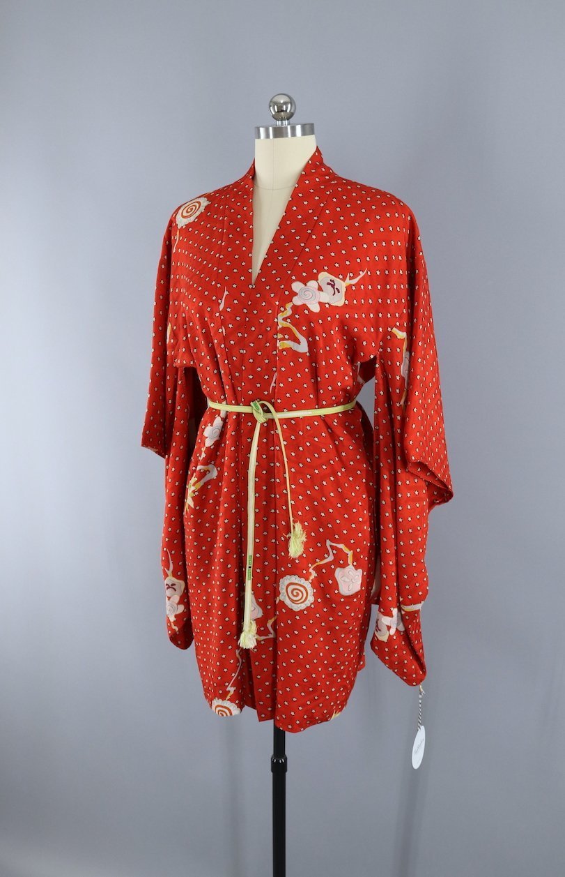 1940s Vintage Silk Haori Kimono Cardigan Jacket / Orange Red & Tiny Dotted Floral Print - ThisBlueBird