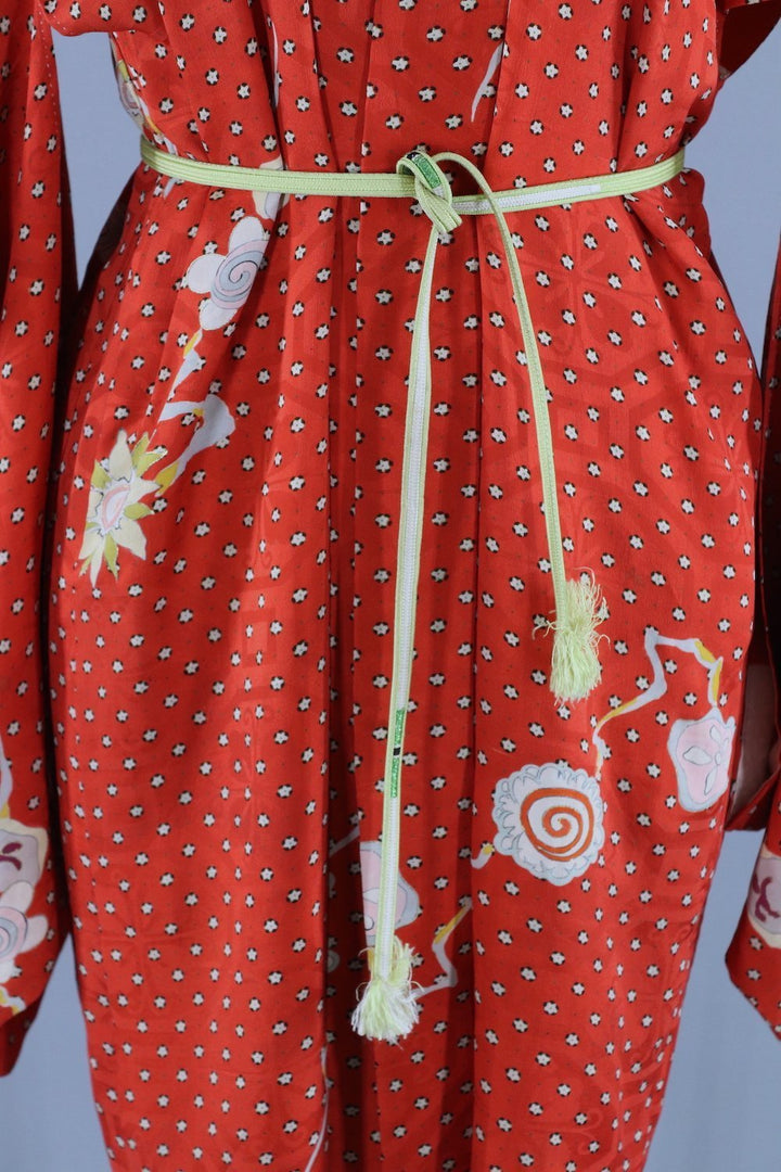 1940s Vintage Silk Haori Kimono Cardigan Jacket / Orange Red &amp; Tiny Dotted Floral Print - ThisBlueBird