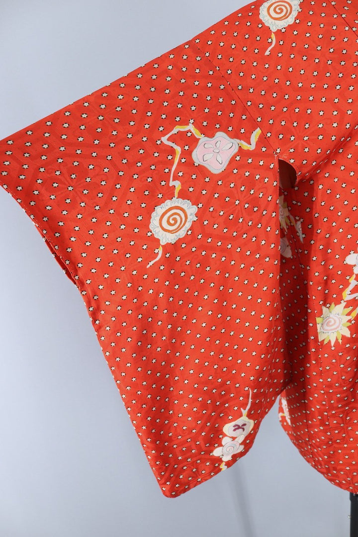 1940s Vintage Silk Haori Kimono Cardigan Jacket / Orange Red &amp; Tiny Dotted Floral Print - ThisBlueBird