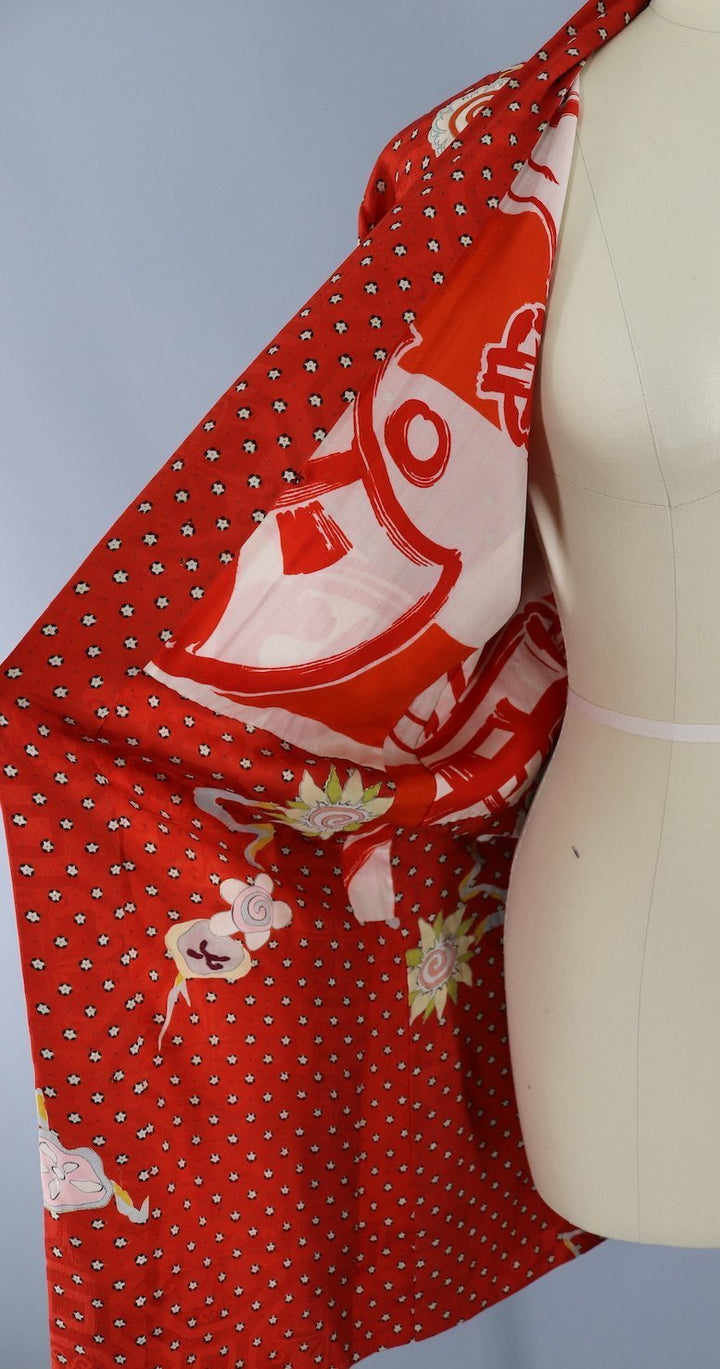 1940s Vintage Silk Haori Kimono Cardigan Jacket / Orange Red &amp; Tiny Dotted Floral Print - ThisBlueBird