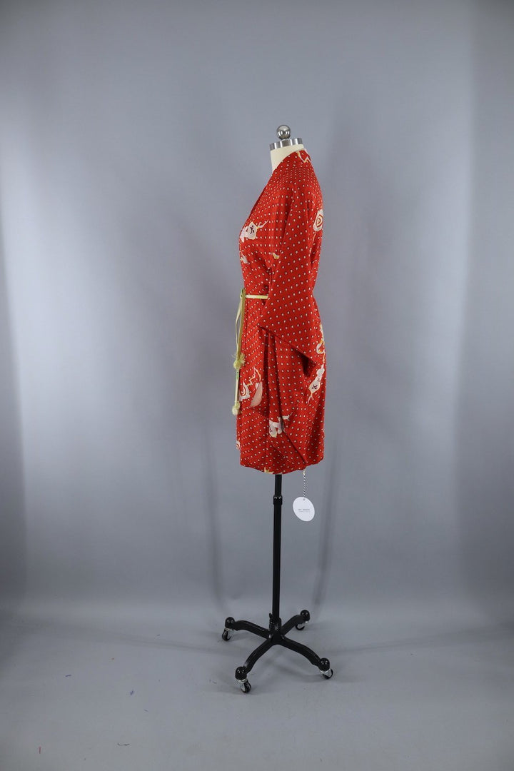 1940s Vintage Silk Haori Kimono Cardigan Jacket / Orange Red &amp; Tiny Dotted Floral Print - ThisBlueBird