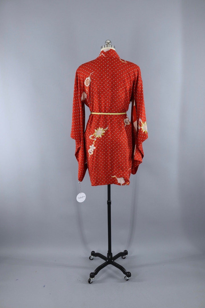 1940s Vintage Silk Haori Kimono Cardigan Jacket / Orange Red &amp; Tiny Dotted Floral Print - ThisBlueBird