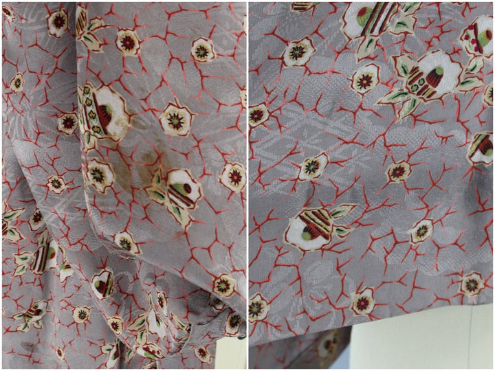 1940s Vintage Silk Haori Kimono Jacket Cardigan / Grey Red Abstract - ThisBlueBird