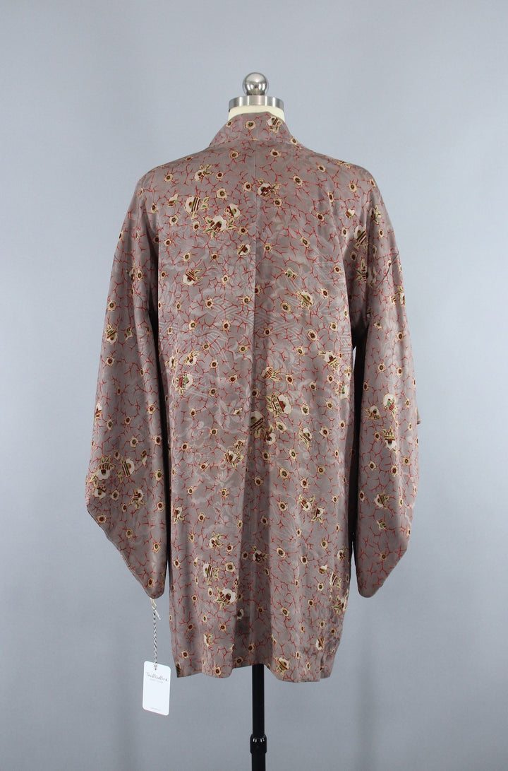 1940s Vintage Silk Haori Kimono Jacket Cardigan / Grey Red Abstract - ThisBlueBird