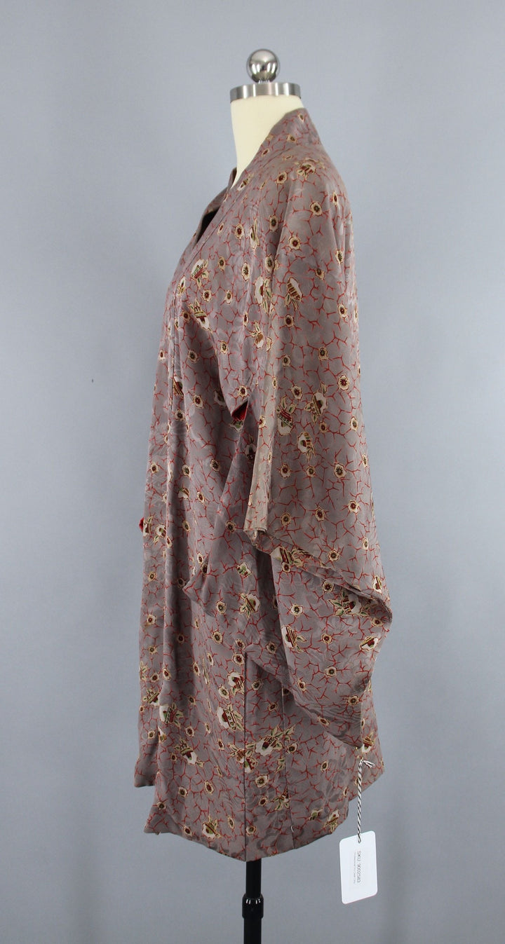 1940s Vintage Silk Haori Kimono Jacket Cardigan / Grey Red Abstract - ThisBlueBird