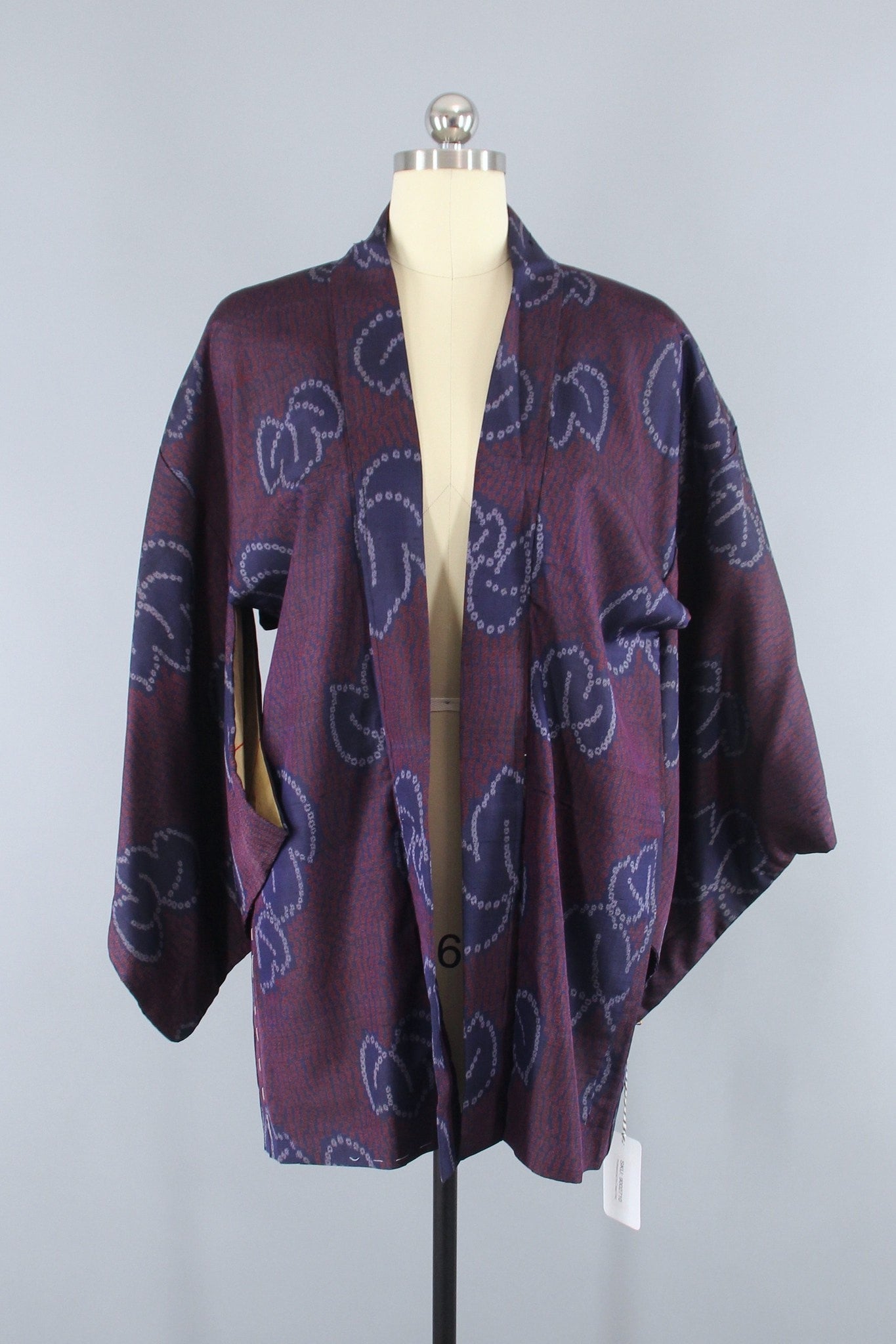 1940s Vintage Silk Haori Kimono Jacket Cardigan / Maroon Blue Floral - ThisBlueBird
