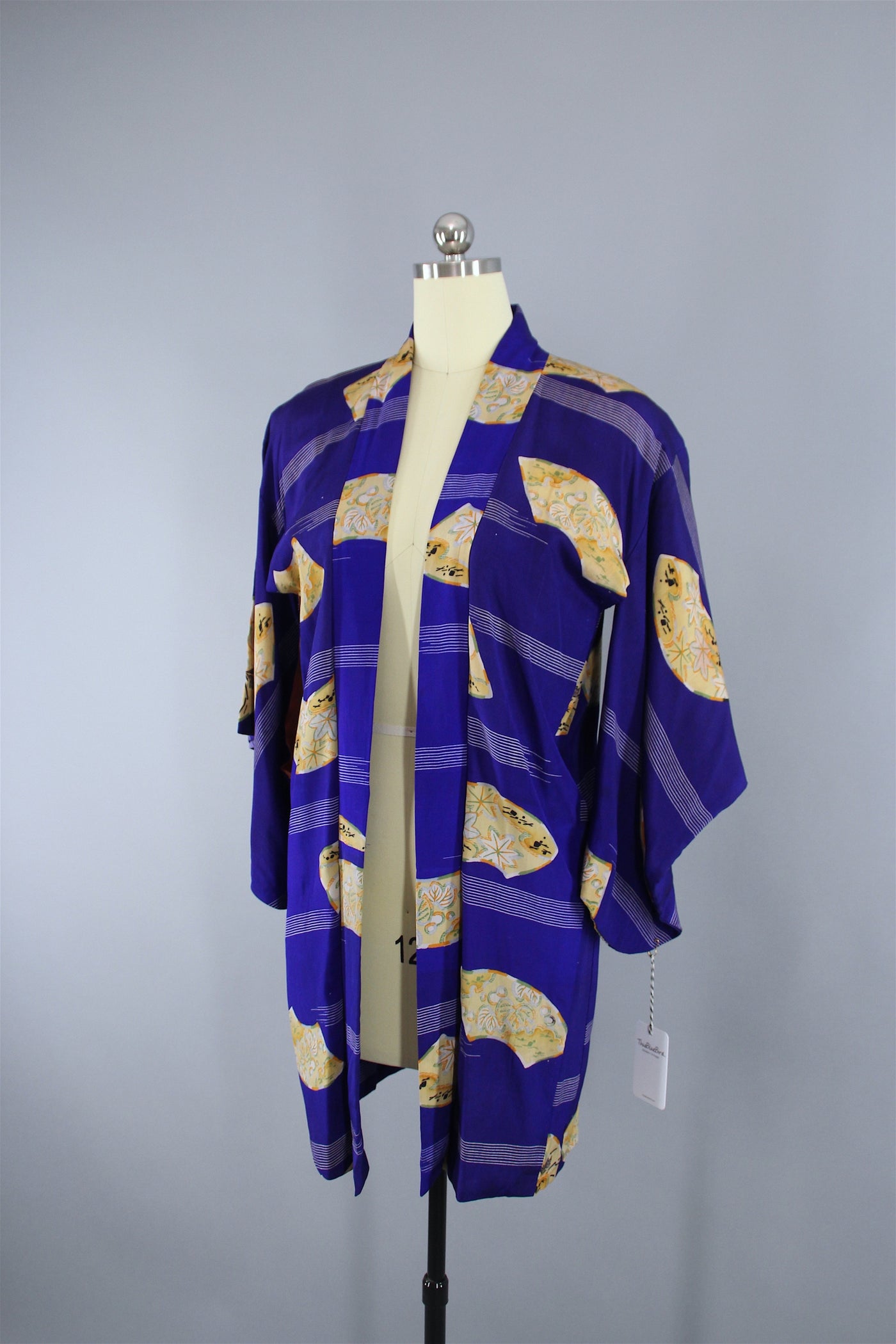 1940s Vintage Silk Haori Kimono Jacket Cardigan with Royal Blue Fans Print - ThisBlueBird