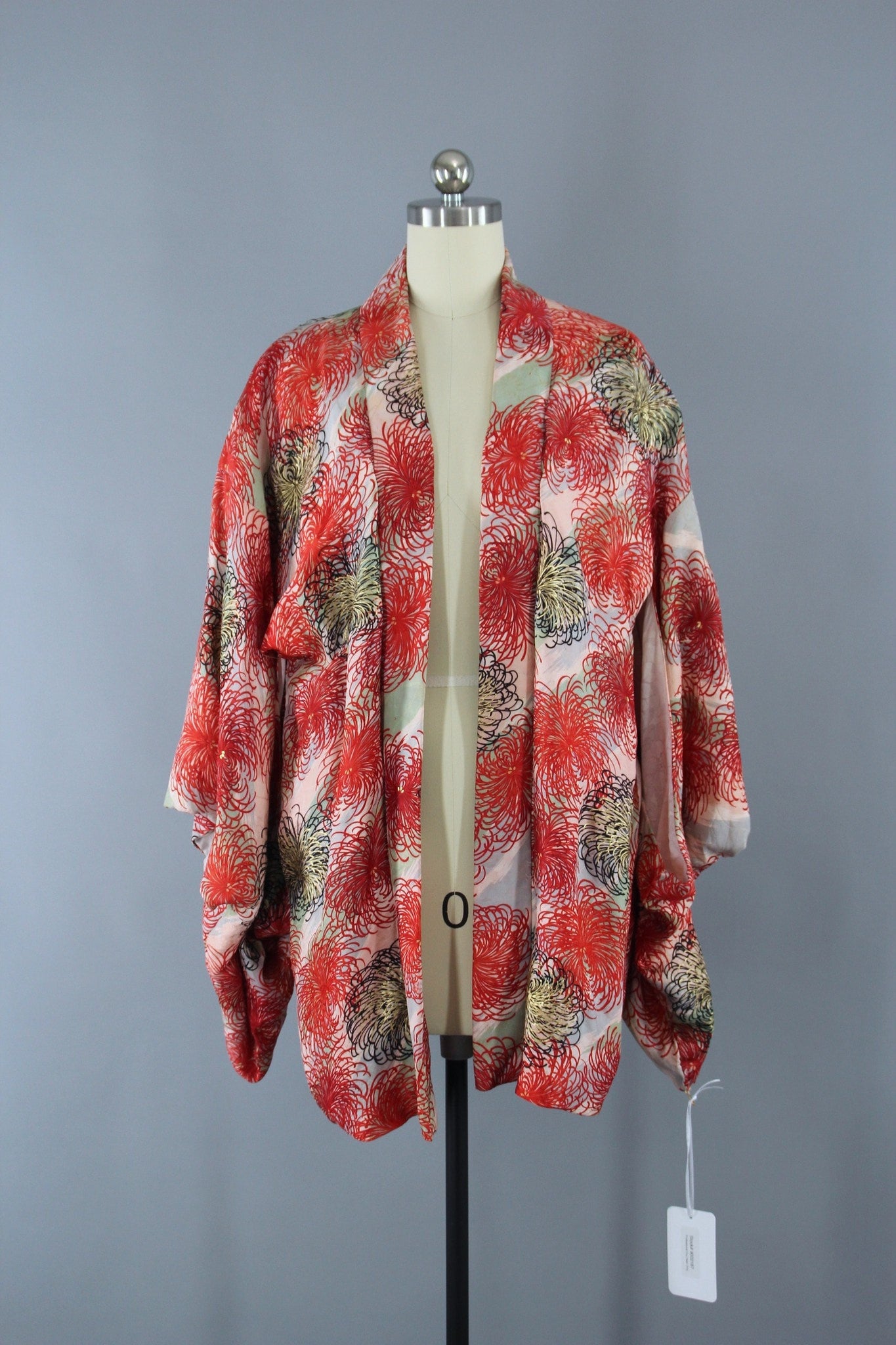 1940s Vintage Silk Haori Kimono Jacket with Red and Gold Chrysanthemums Floral Print - ThisBlueBird