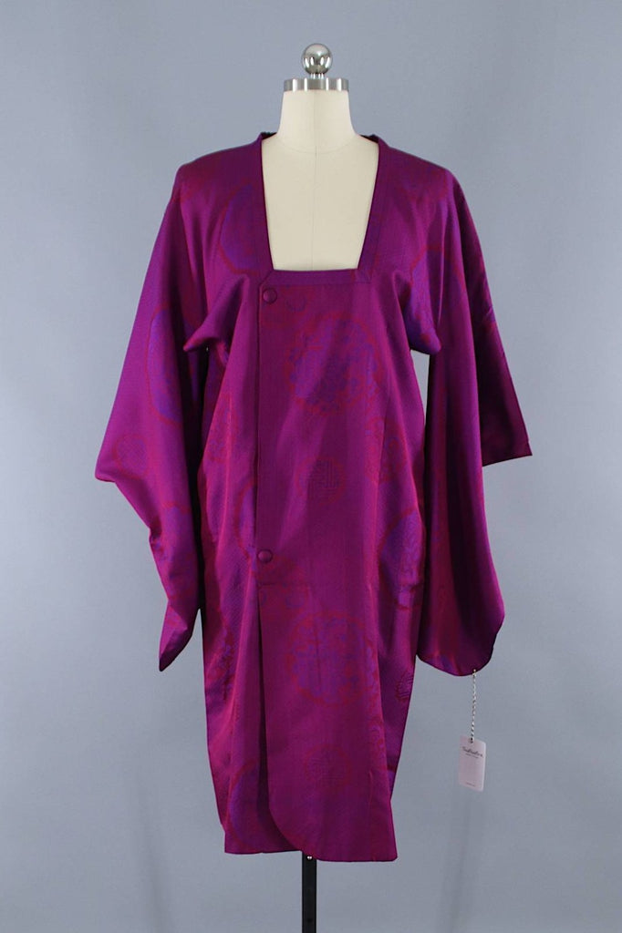 1940s Vintage Silk Kimono Jacket Cardigan Michiyuki Coat in Magenta & Purple - ThisBlueBird