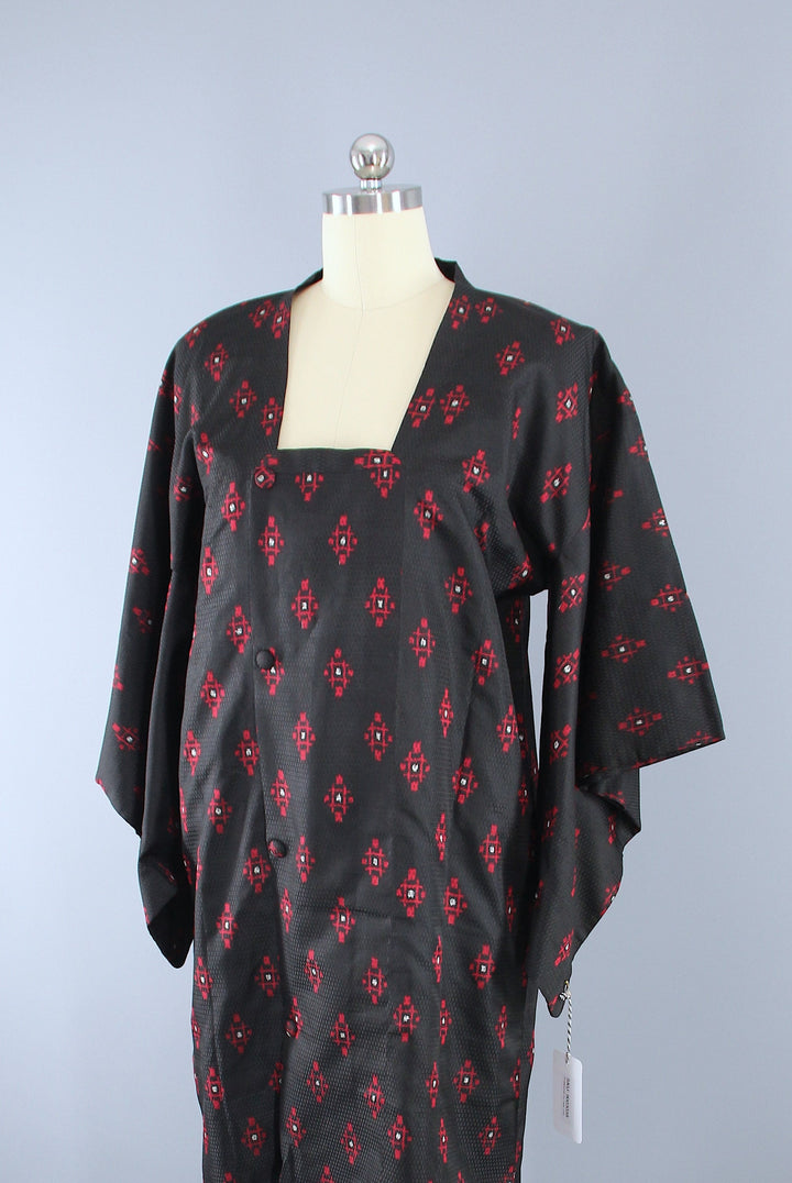 1940s Vintage Silk Kimono Jacket Coat / Black &amp; Red Ikat - ThisBlueBird