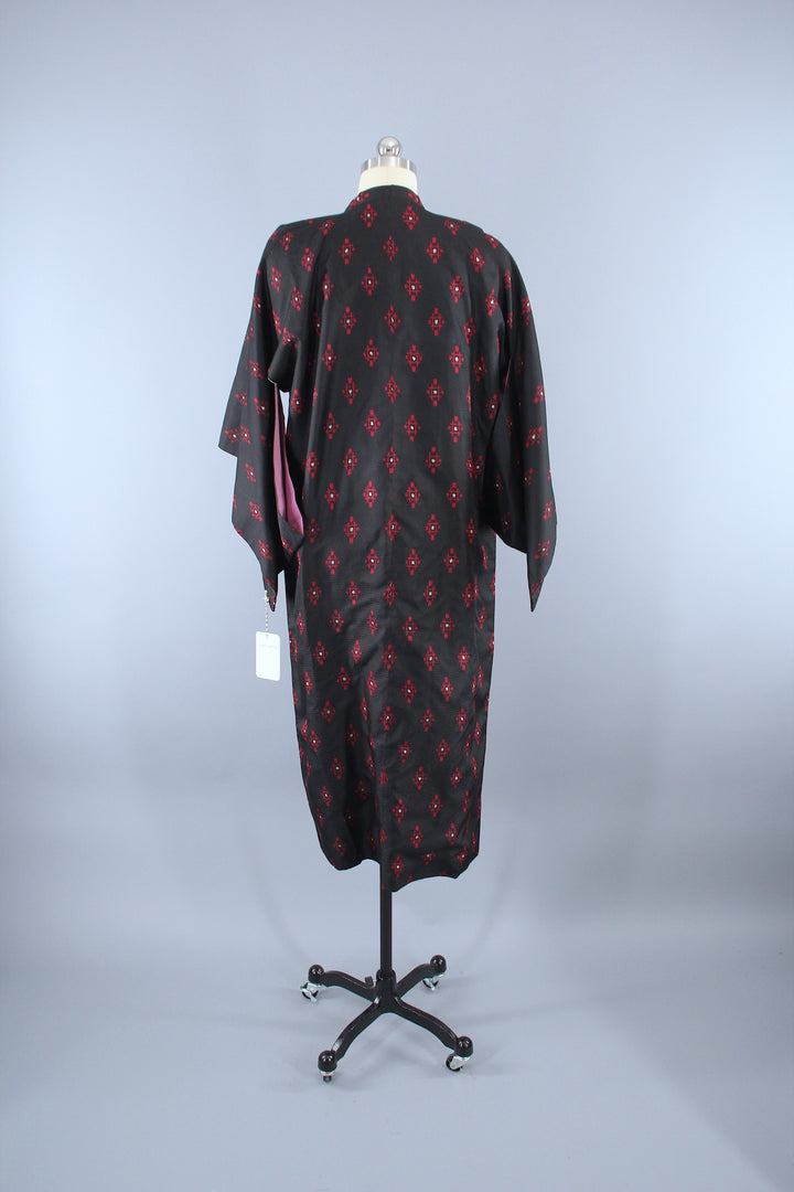 1940s Vintage Silk Kimono Jacket Coat / Black &amp; Red Ikat - ThisBlueBird