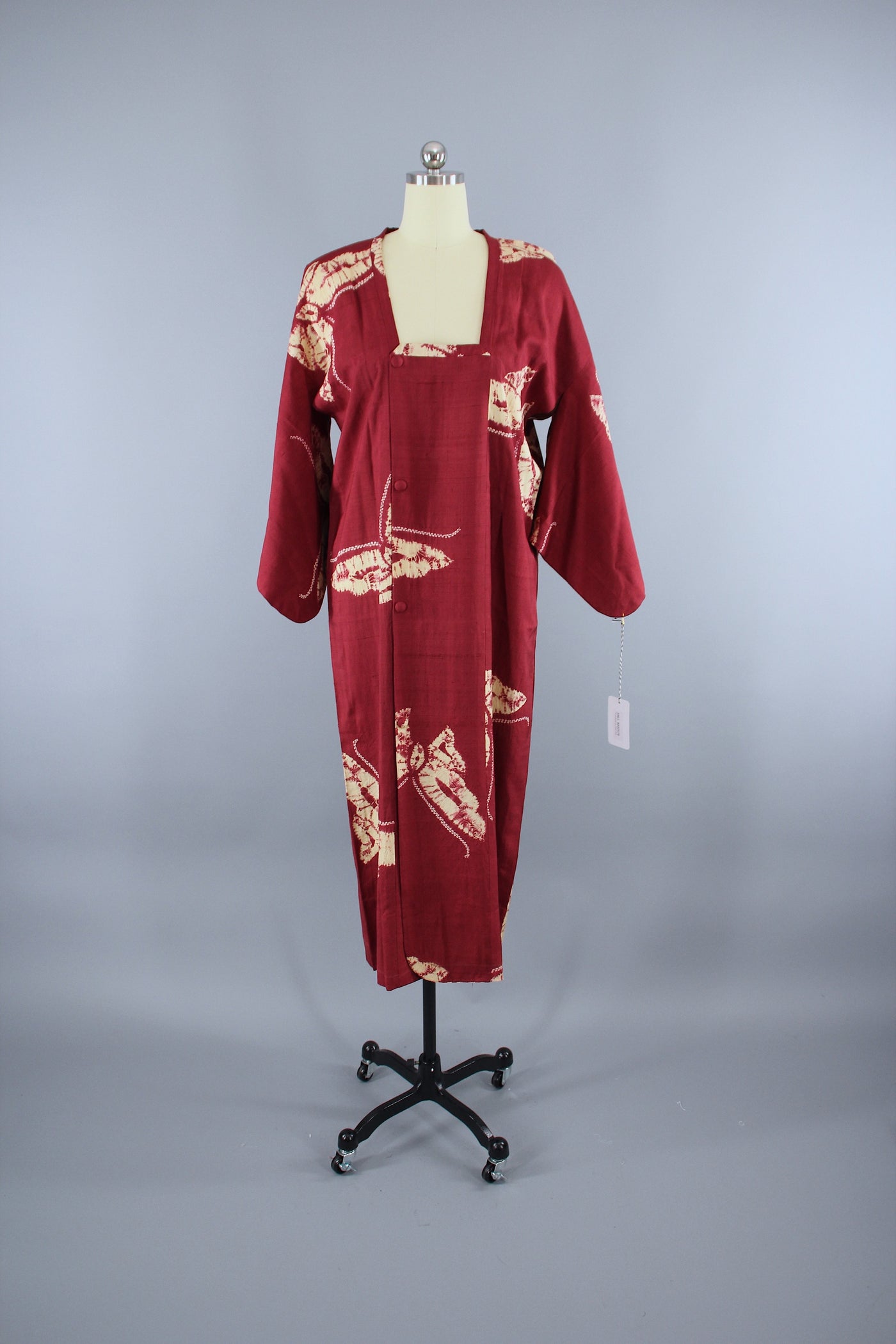 1940s Vintage Silk Kimono Jacket Coat / Maroon Red Shibori Dyed - ThisBlueBird