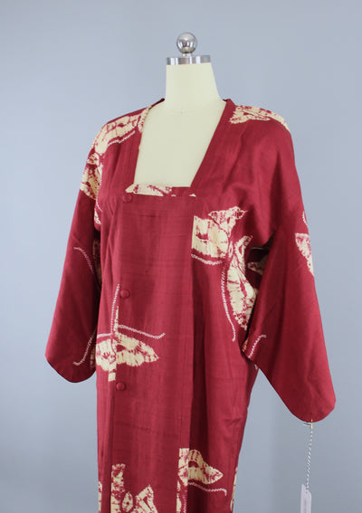 1940s Vintage Silk Kimono Jacket Coat / Maroon Red Shibori Dyed - ThisBlueBird