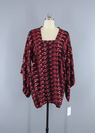 1940s Vintage Silk Kimono Jacket Coat Michiyuki / Maroon Red Novelty Print - ThisBlueBird