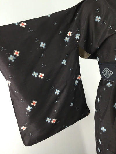1940s Vintage Silk Kimono Robe, Black Meisen Ikat Cross - ThisBlueBird