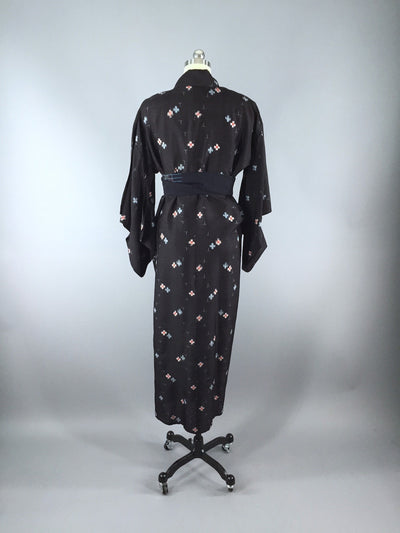 1940s Vintage Silk Kimono Robe, Black Meisen Ikat Cross - ThisBlueBird
