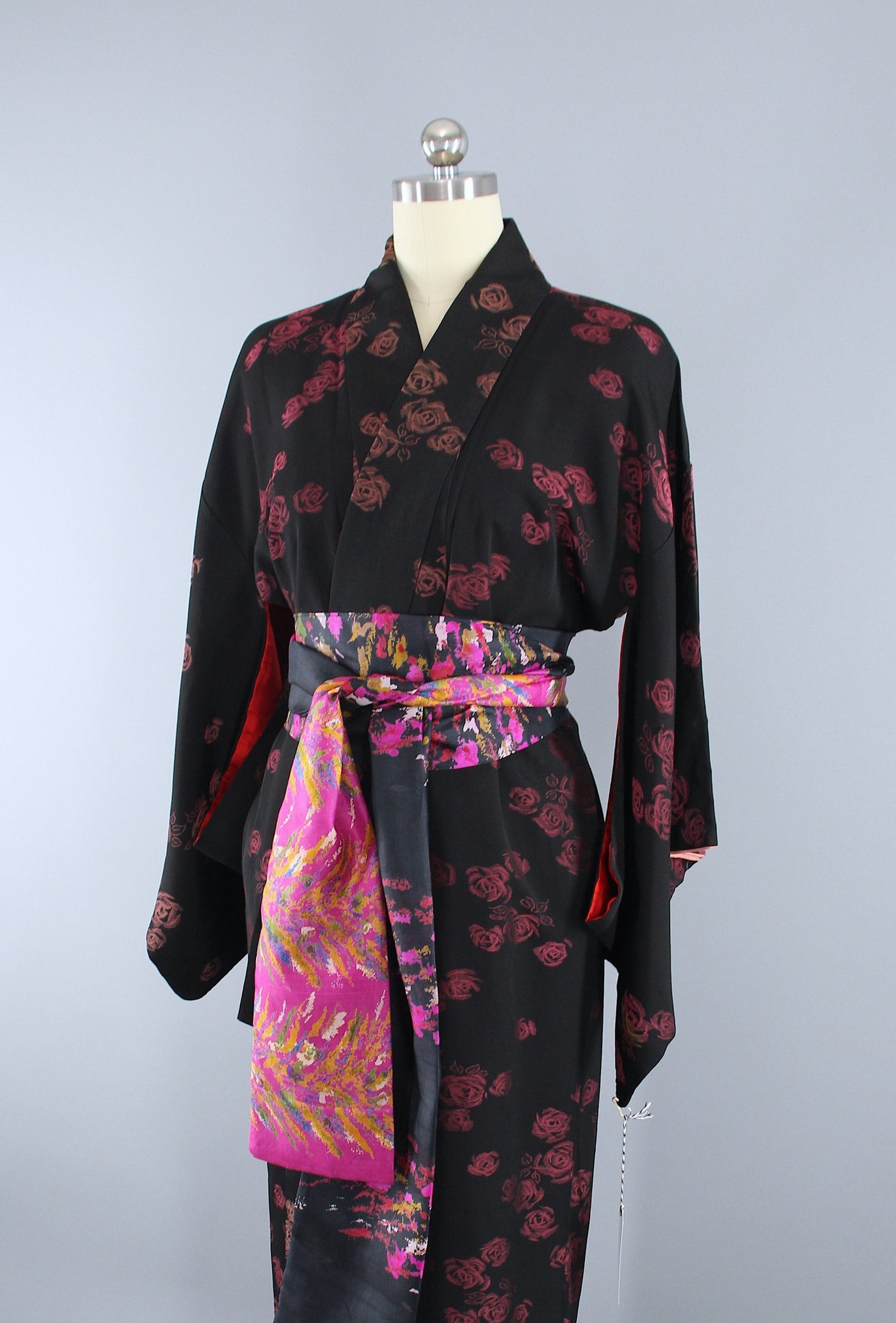 1940s Vintage Silk Kimono Robe / Black Omeshi Rose Floral - ThisBlueBird