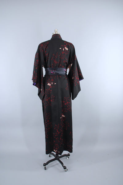 1940s Vintage Silk Kimono Robe / Black & Red Omeshi Floral - ThisBlueBird