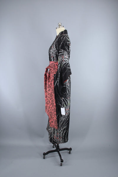 1940s Vintage Silk Kimono Robe / Black Silver Urushi Embroidery - ThisBlueBird