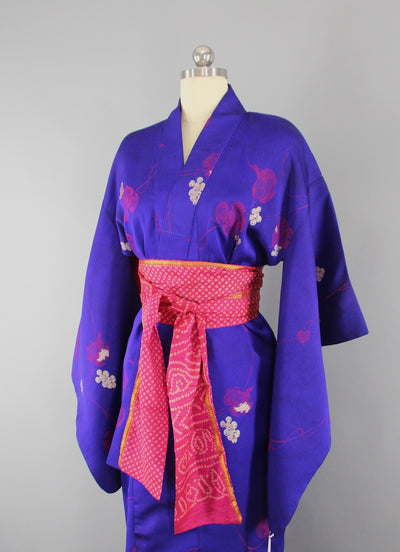 1940s Vintage Silk Kimono Robe / Blue & Pink Omeshi Embroidered Floral Pattern - ThisBlueBird