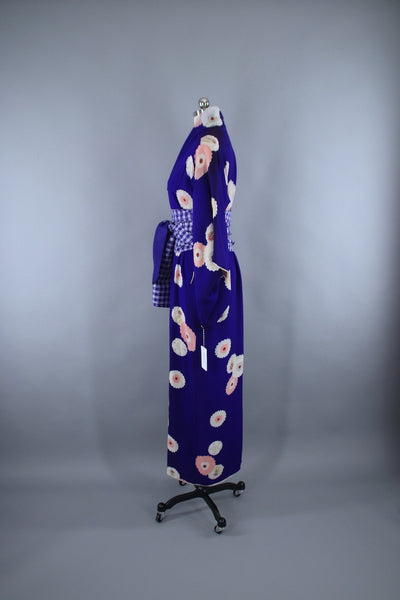 1940s Vintage Silk Kimono Robe / Blue Purple Daisy Print - ThisBlueBird