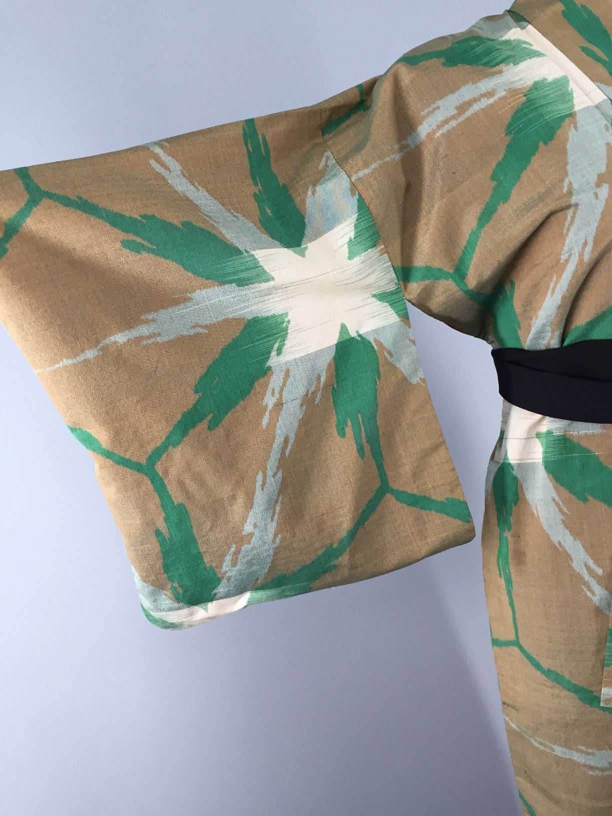 1940s Vintage Silk Kimono Robe, Brown & Green Ikat Stars - ThisBlueBird