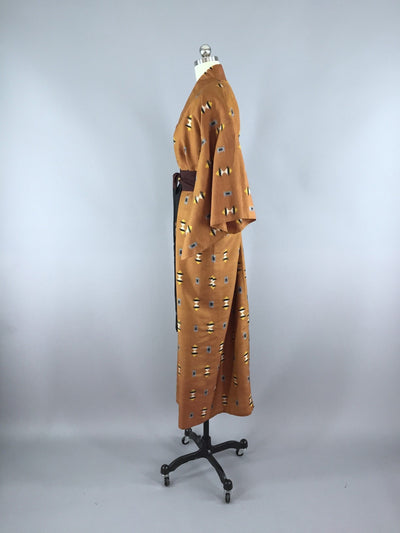 1940s Vintage Silk Kimono Robe, Brown Meisen Ikat Bows - ThisBlueBird