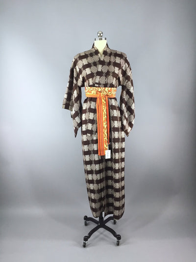 1940s Vintage Silk Kimono Robe, Brown Meisen Ikat Plaid - ThisBlueBird