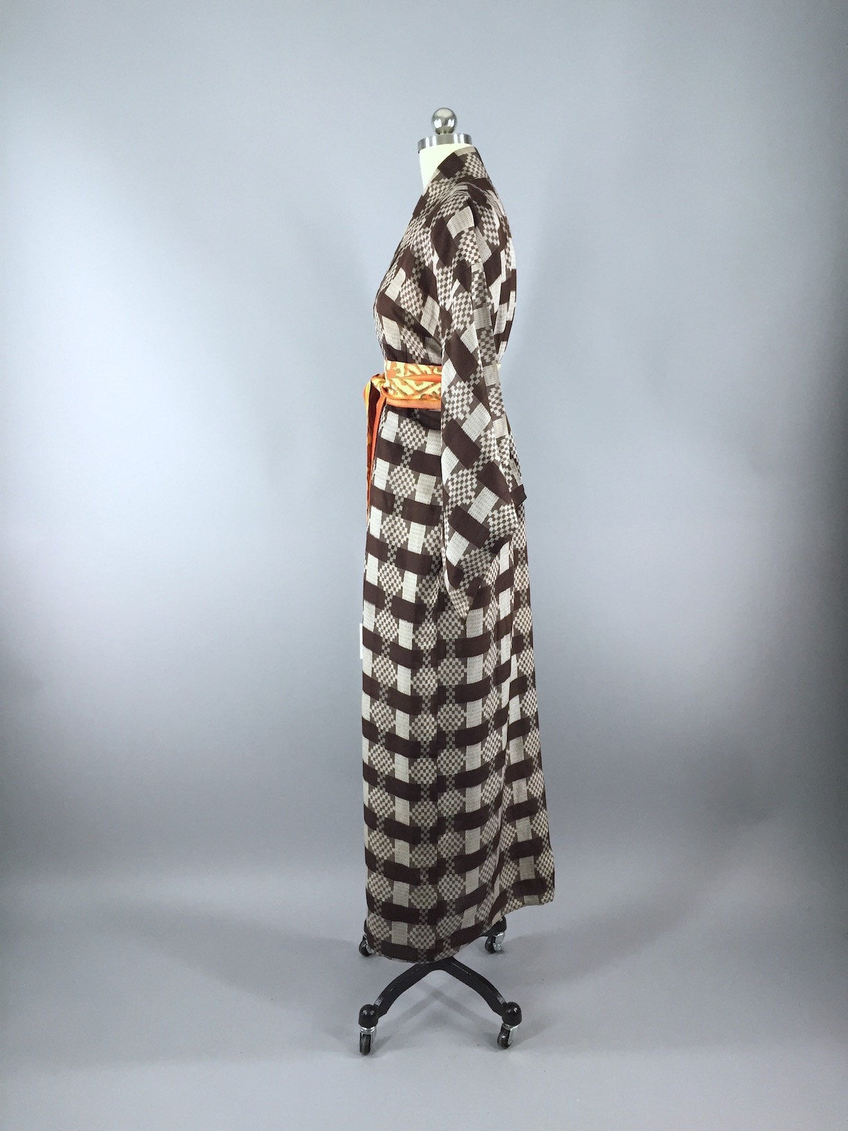 1940s Vintage Silk Kimono Robe, Brown Meisen Ikat Plaid - ThisBlueBird