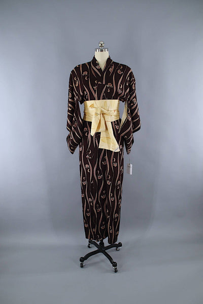 1940s Vintage Silk Kimono Robe / Brown Purple Floral - ThisBlueBird