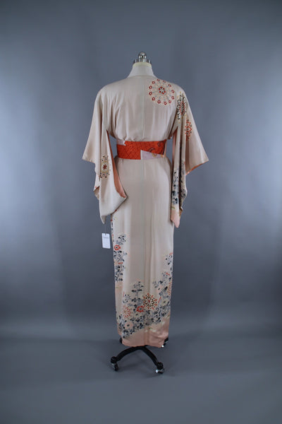 1940s Vintage Silk Kimono Robe / Grey Red Floral Medallions Print - ThisBlueBird