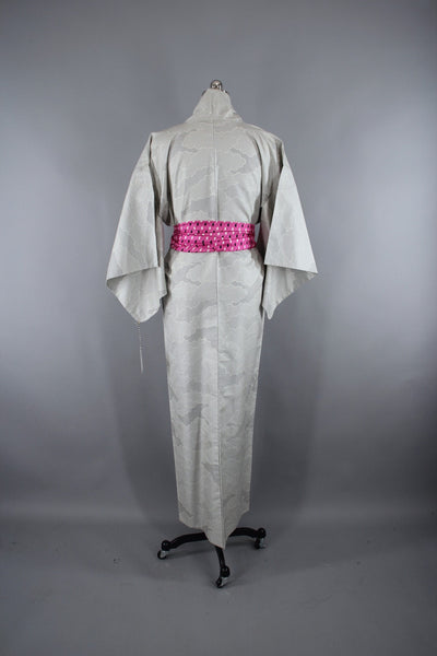 1940s Vintage Silk Kimono Robe / Grey & White Clouds Ikat - ThisBlueBird
