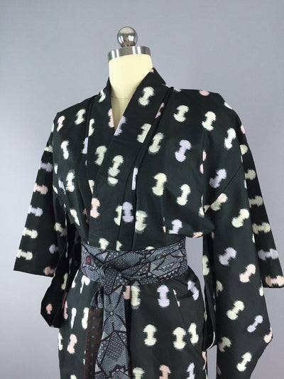 1940s Vintage Silk Kimono Robe / Ikat Black - ThisBlueBird