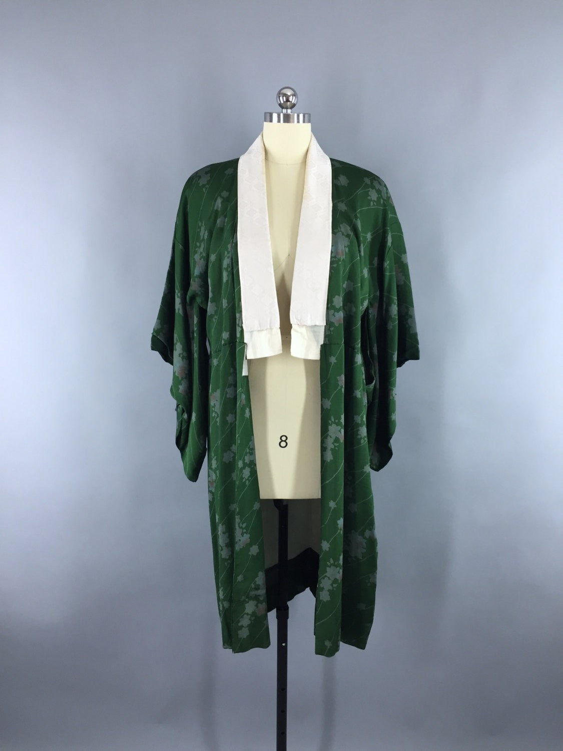 1940s Vintage Silk Kimono Robe in Dark Forest Green Floral Print - ThisBlueBird