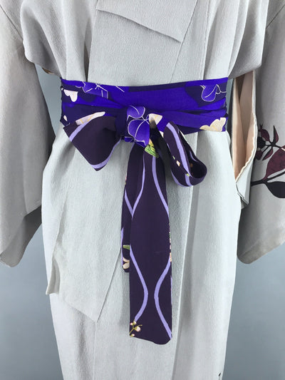 1940s Vintage Silk Kimono Robe in Grey Art Deco Orchid Floral Print - ThisBlueBird