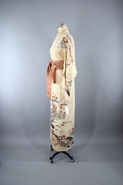 1940s Vintage Silk Kimono Robe in Ivory with an Art Deco Floral Print - ThisBlueBird