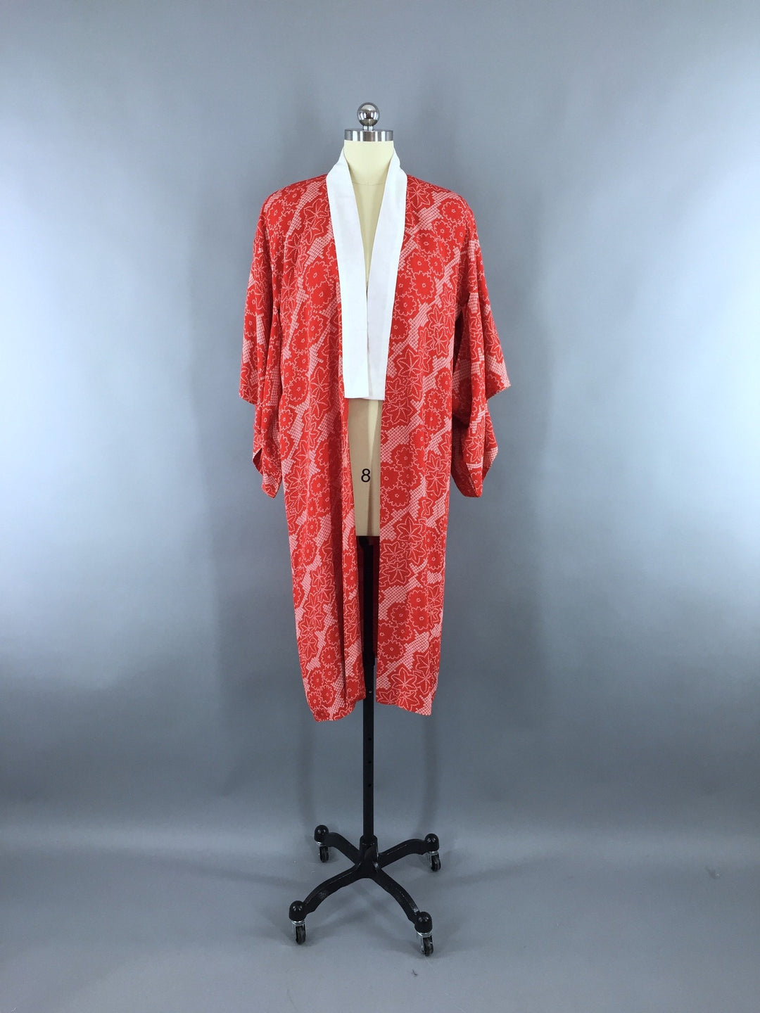 1940s Vintage Silk Kimono Robe in Red Floral Print Shibori - ThisBlueBird