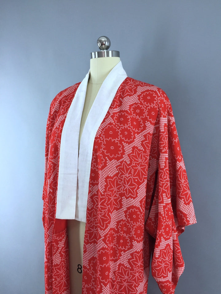 1940s Vintage Silk Kimono Robe in Red Floral Print Shibori - ThisBlueBird