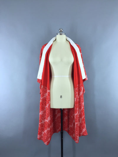1940s Vintage Silk Kimono Robe in Red Floral Print Shibori - ThisBlueBird