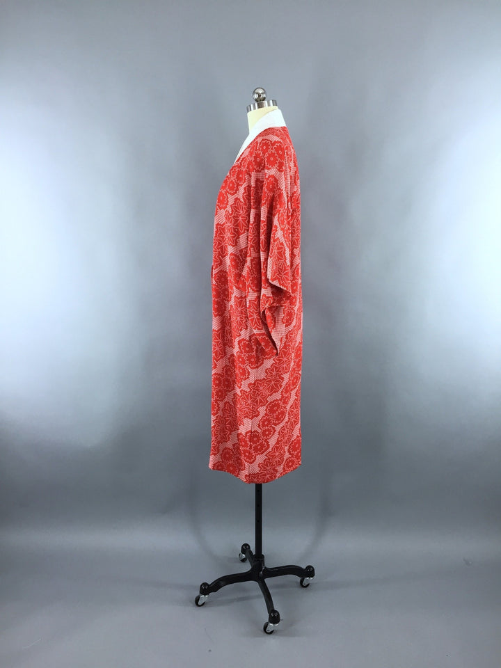 1940s Vintage Silk Kimono Robe in Red Floral Print Shibori - ThisBlueBird
